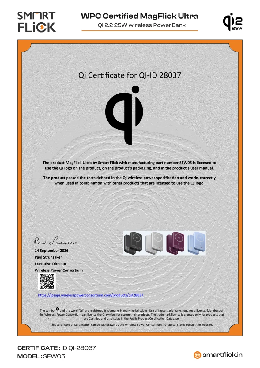 SmartFlick MagFlick Ultra Qi certificate, Qi ID 28037, model SFW05