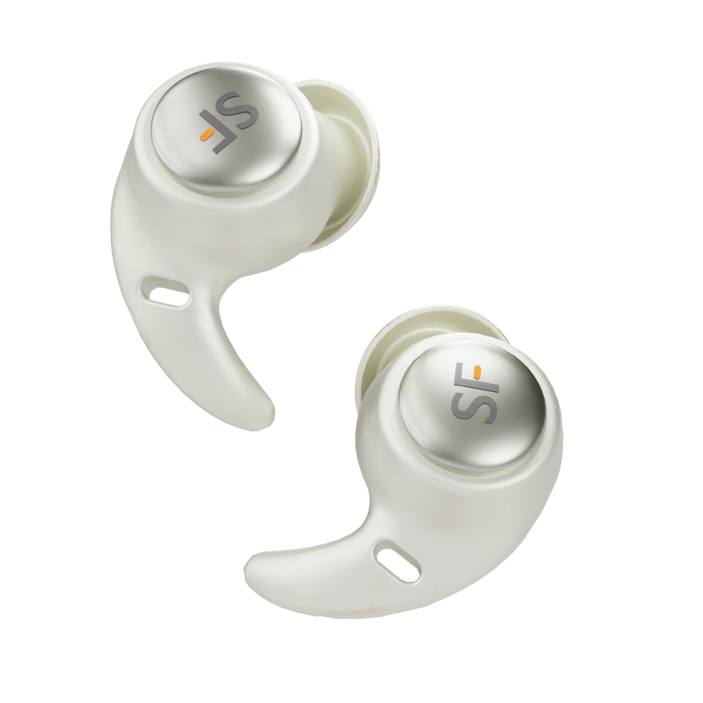 Cream Onyx X1 earbuds with secure-fit wings
