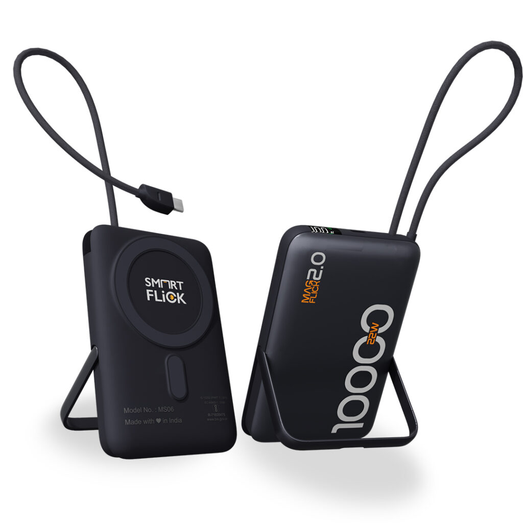 Magflick 2.0 10000Mah Power Bank With Stand, 15W Wireless Charging & 22W Wired Charging, Built-In Type-C Cable Compatible With iPhone 17/16/15/14/13 & Android Devices (Magnetic Ring Included) (Grey)