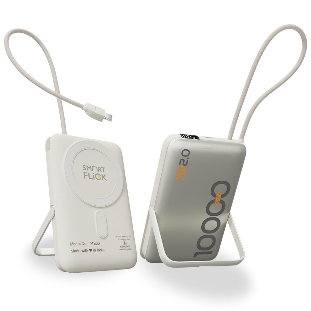 Magflick 2.0 10000Mah Power Bank With Stand, 15W Wireless Charging & 22W Wired Charging, Built-In Type-C Cable Compatible With iPhone 17/16/15/14/13 & Android Devices (Magnetic Ring Included) (Silver)