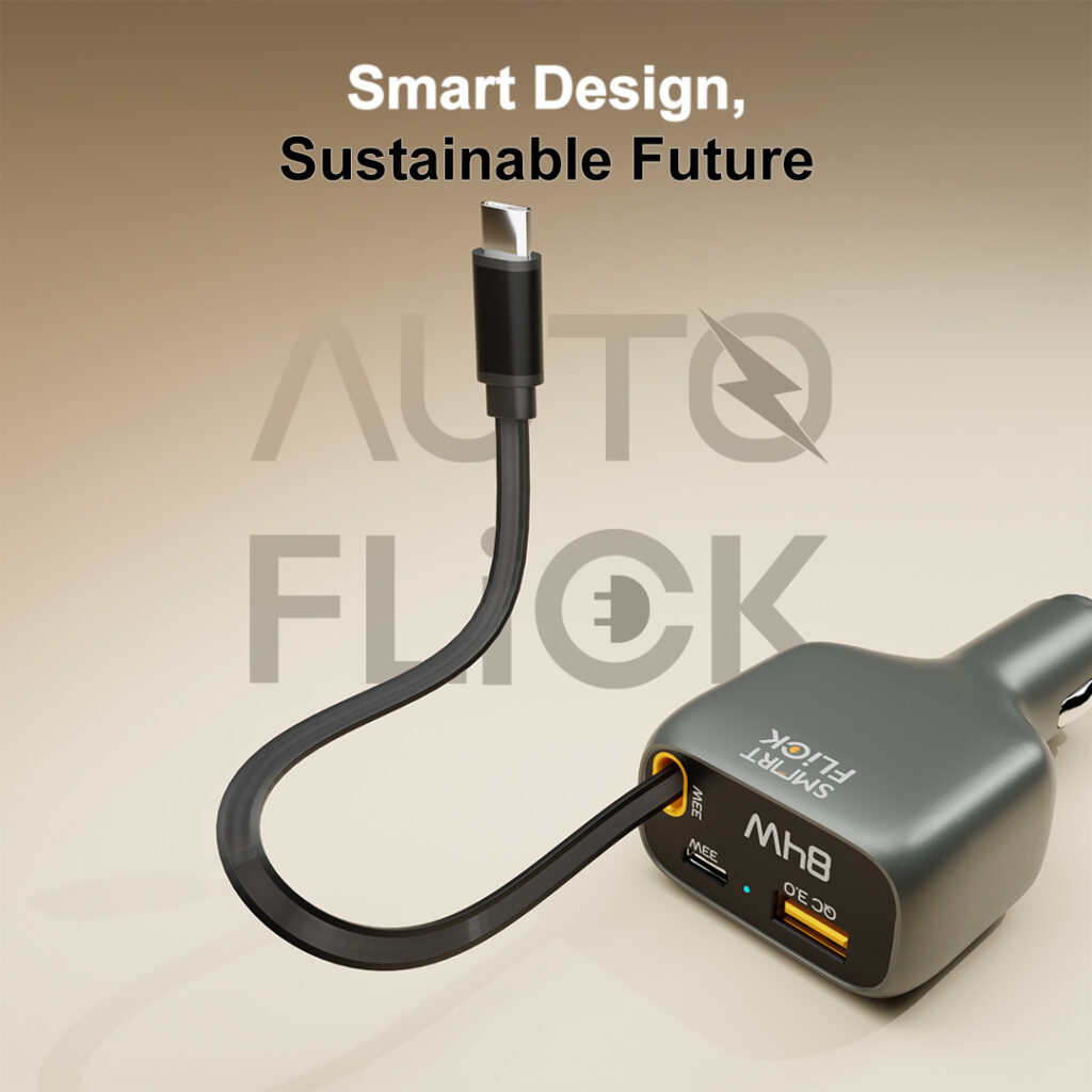 Smart Flick Auto Flick 84W USB C Car Charger 85cm Retractable USB C Cable - iPhone Charger, Compatible with iPhone 17, 16 & 15 Series, Galaxy S26, S25 Series, AirPods, Tablet, etc. - Travel Essentials