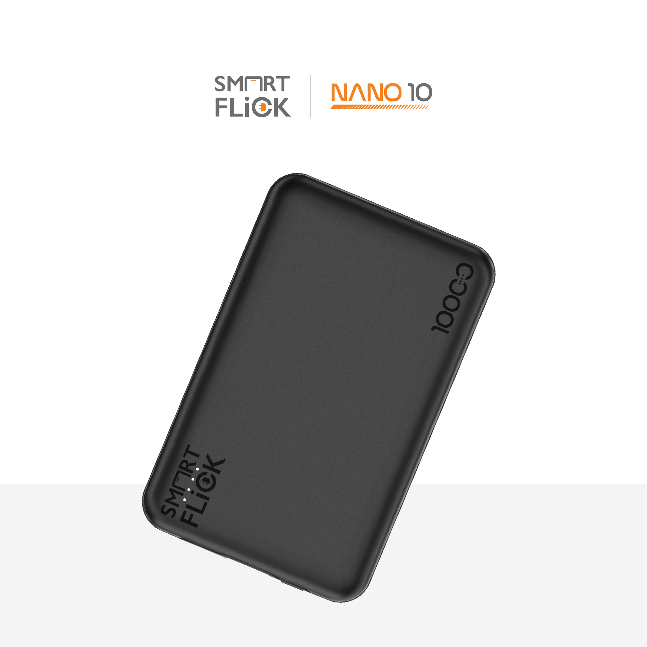 IMG_2810 SmartFlick Nano 10 black 10000mAh power bank on a white background