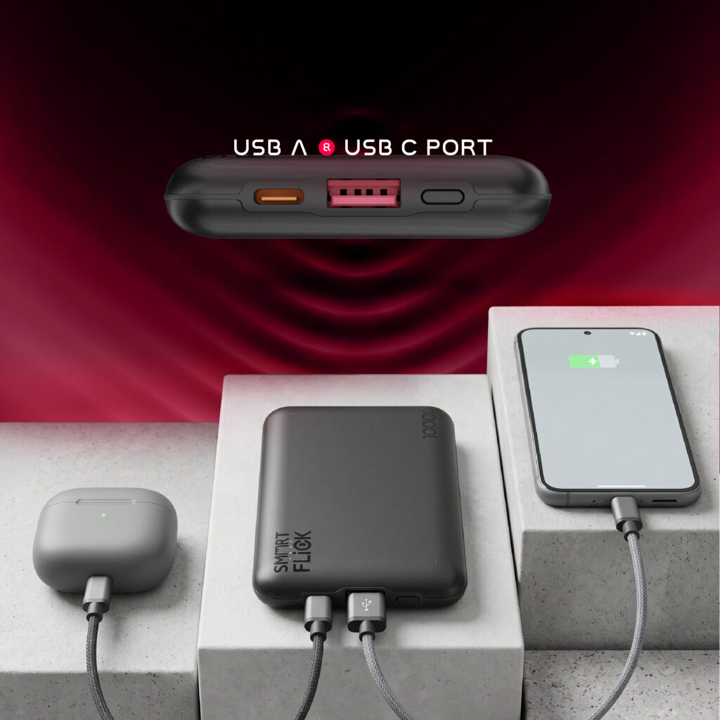 SmartFlick Nano 10 USB-A and USB-C ports charging a phone and earbuds
