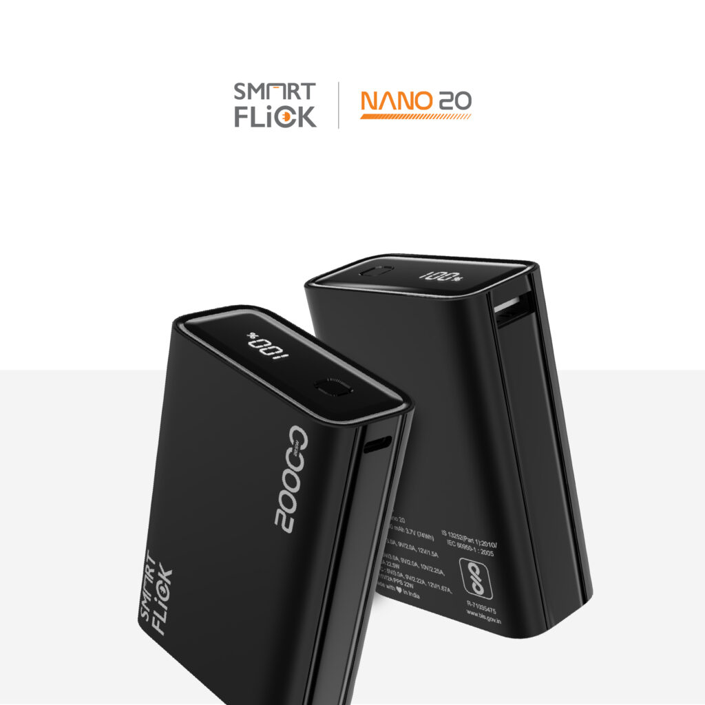 SmartFlick Nano 20 | 20000mAh Compact Power Bank | 22.5W Fast Charging | PD, PPS, QC & VOOC Support | Dual USB-A & Type-C Ports